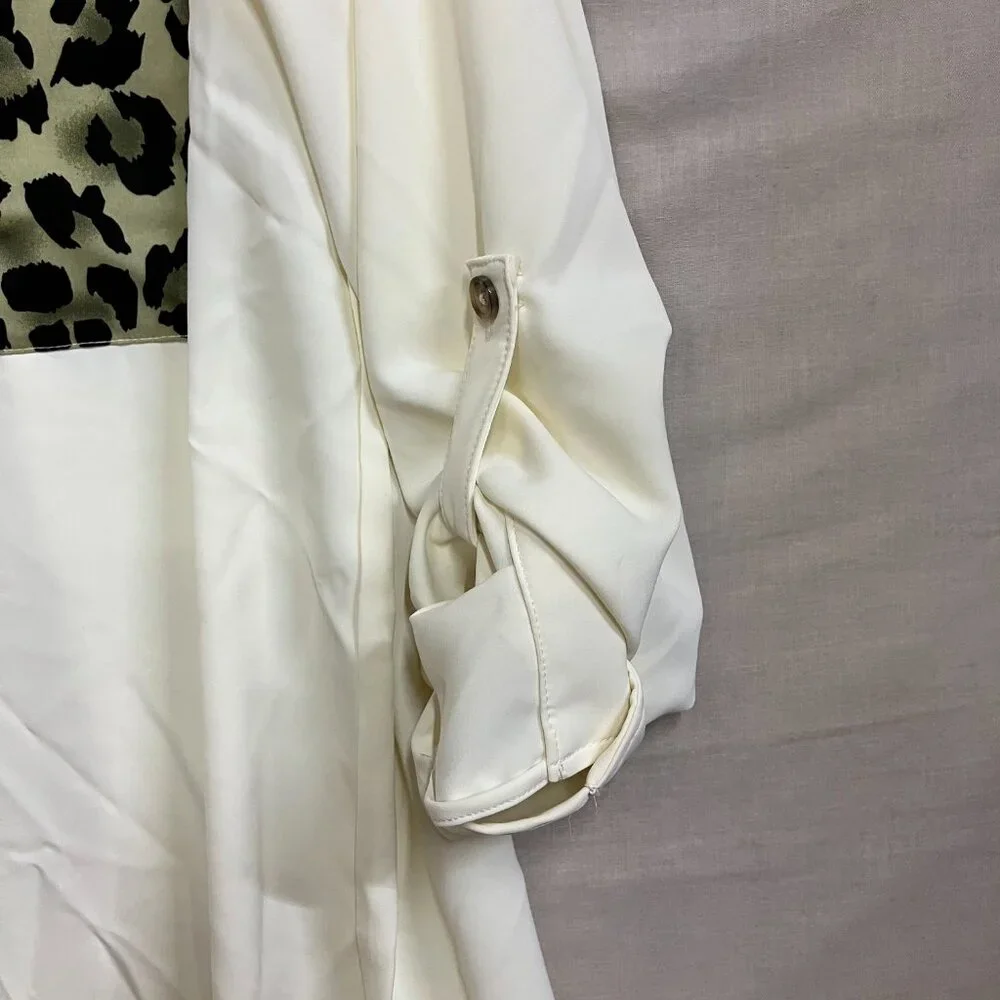 A New Day Women S White Button Down Blouse Shirt Roll Tab Sleeve Leopard Pocket
